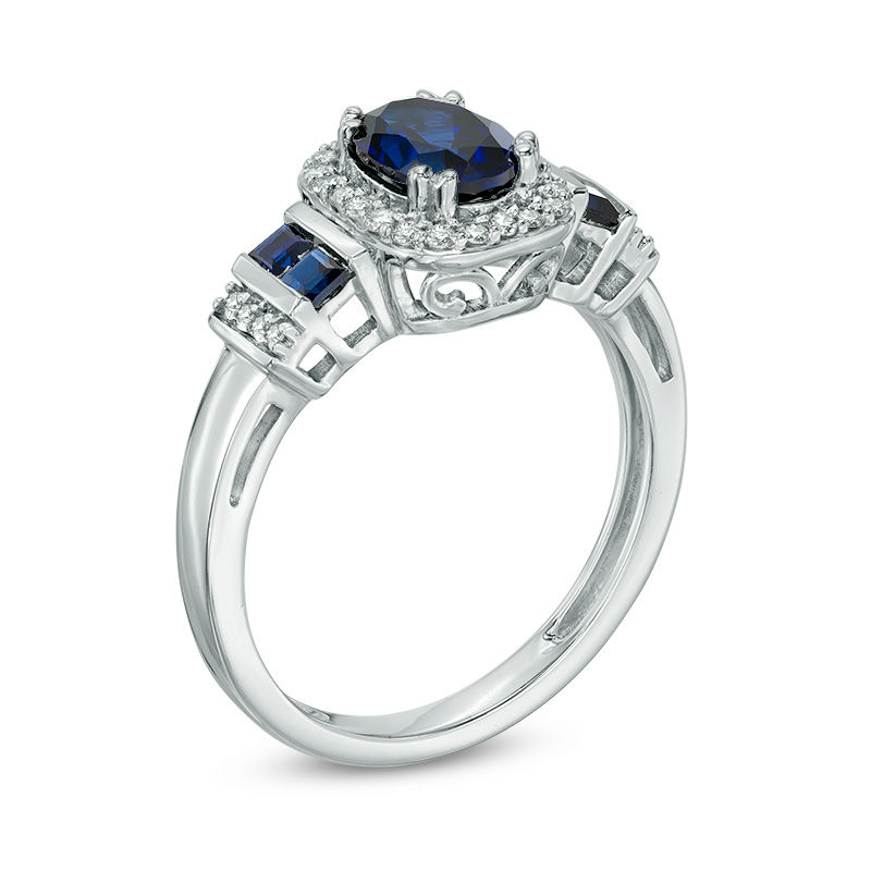 Oval Lab-Created Blue Sapphire and Diamond Accent Frame Ring in 10K White Gold