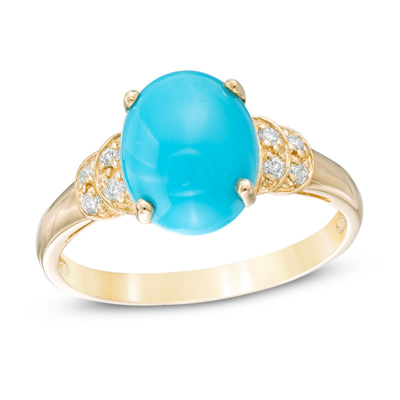 Main Image 1 of Oval Turquoise and Diamond Accent Double Collar Ring in 10K Gold