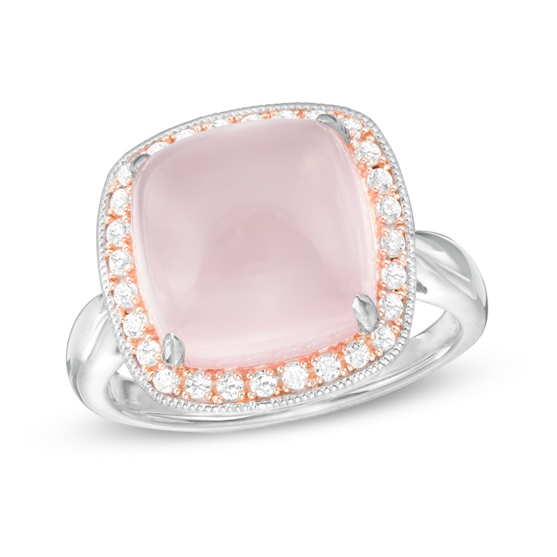 Cushion-Cut Rose Quartz and Lab-Created White Sapphire Frame Ring in Sterling Silver with 14K Rose Gold Plate