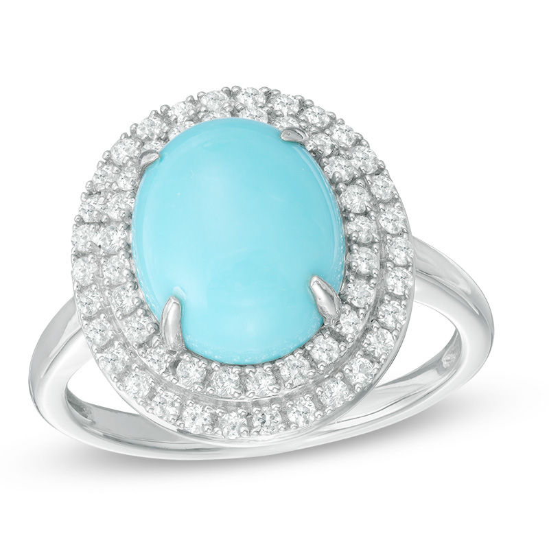 Main Image 1 of Oval Turquoise and Lab-Created White Sapphire Double Frame Ring in Sterling Silver
