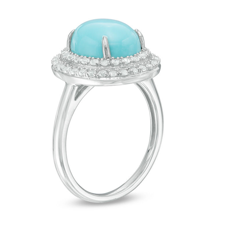 Main Image 2 of Oval Turquoise and Lab-Created White Sapphire Double Frame Ring in Sterling Silver