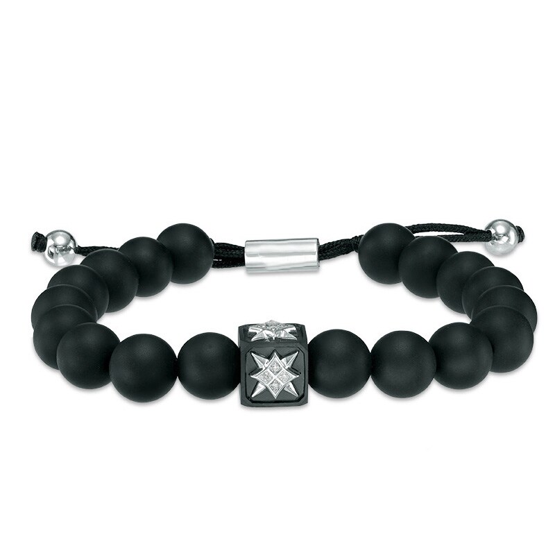 Main Image 1 of 10.0mm Onyx Bead and Diamond Accent Compass Star Bolo Bracelet in Sterling Silver - 10.5"