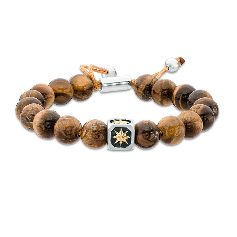 Men's 10.5mm Tiger's Eye Bead and Compass Star Bolo Bracelet in Sterling Silver and 10K Gold - 10.5"
