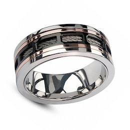 Men's 9.0mm Cable Inlay Band in Tri-Tone Stainless Steel