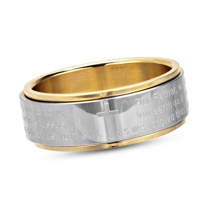 Main Image 1 of Men's 8.0mm Lord's Prayer Spinner Band in Stainless Steel and Yellow PVD