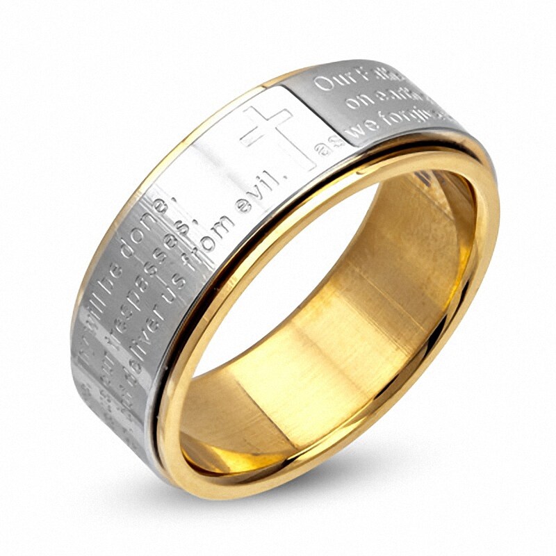 Main Image 2 of Men's 8.0mm Lord's Prayer Spinner Band in Stainless Steel and Yellow PVD