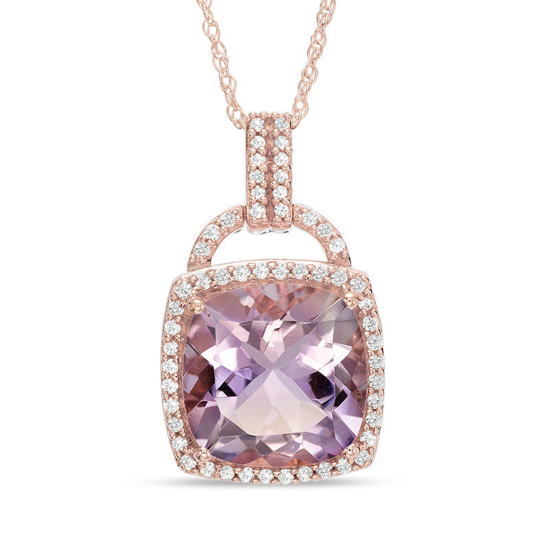 Main Image 1 of 10.0mm Cushion-Cut Rose de France Amethyst and Lab-Created White Sapphire Lock Pendant in 10 Rose Gold