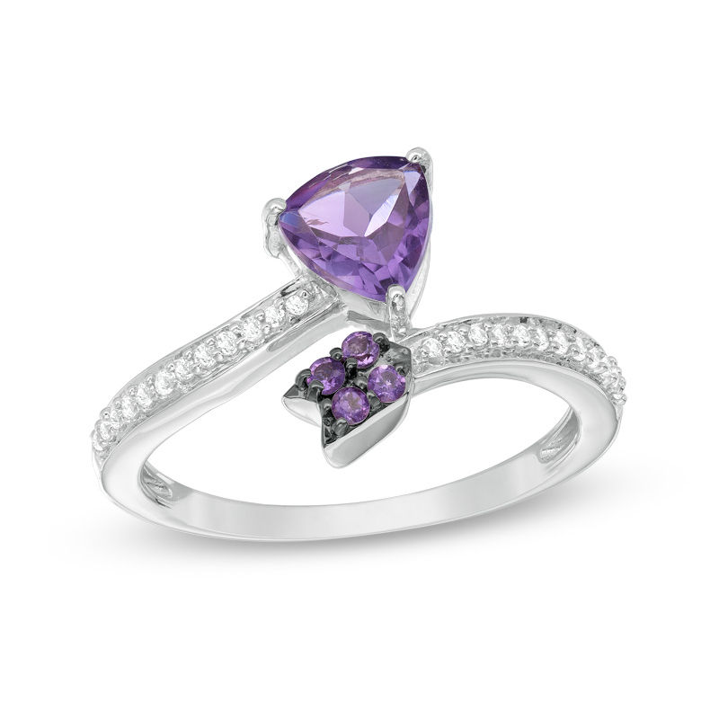 Main Image 1 of 6.0mm Trillion-Cut Amethyst and Lab-Created White Sapphire Arrow Wrap Ring in Sterling Silver
