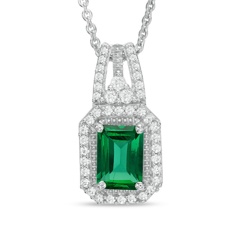 Main Image 1 of Octagonal Lab-Created Emerald and White Sapphire Frame Pendant in Sterling Silver