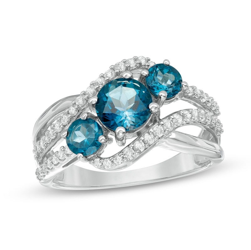 Blue Topaz and Lab-Created White Sapphire Three Stone Slant Ring in Sterling Silver