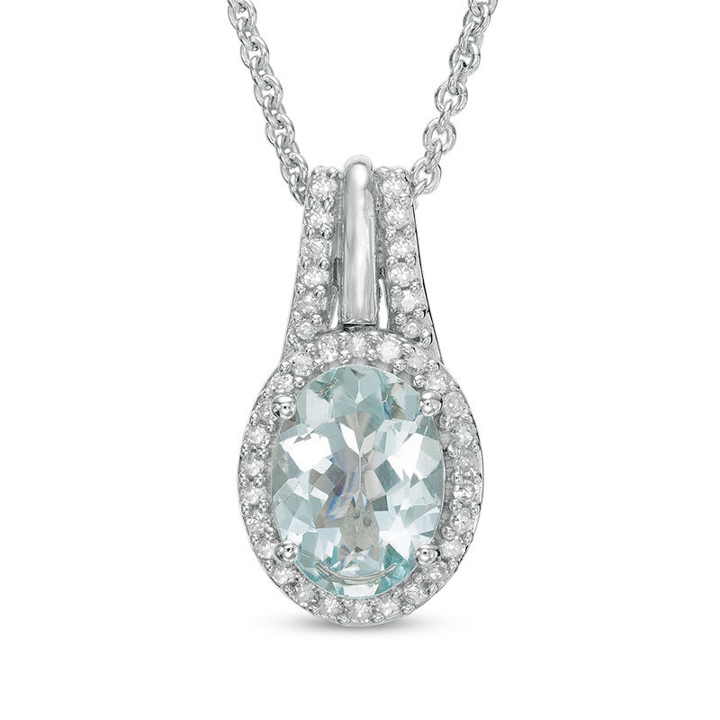 Main Image 1 of Oval Aquamarine and 1/10 CT. T.W. Diamond Frame Pendant in Sterling Silver