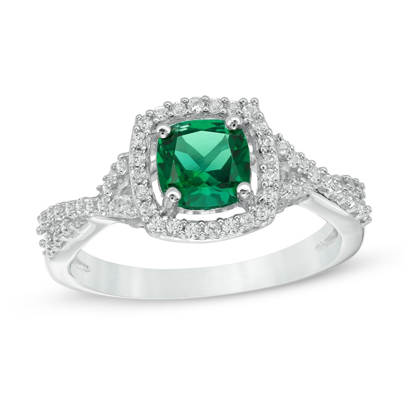 6.0mm Cushion-Cut Lab-Created Emerald and White Sapphire Frame Ring in Sterling Silver