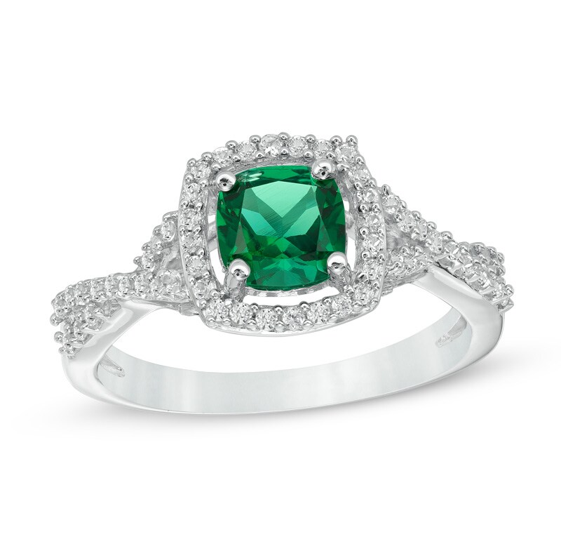 Main Image 1 of 6.0mm Cushion-Cut Lab-Created Emerald and White Sapphire Frame Ring in Sterling Silver