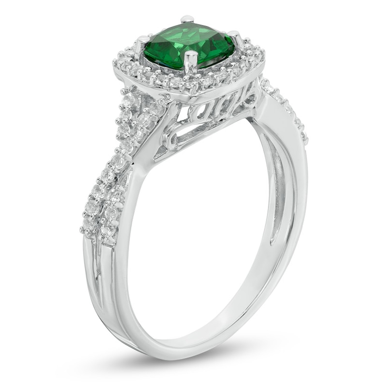 6.0mm Cushion-Cut Lab-Created Emerald and White Sapphire Frame Ring in Sterling Silver