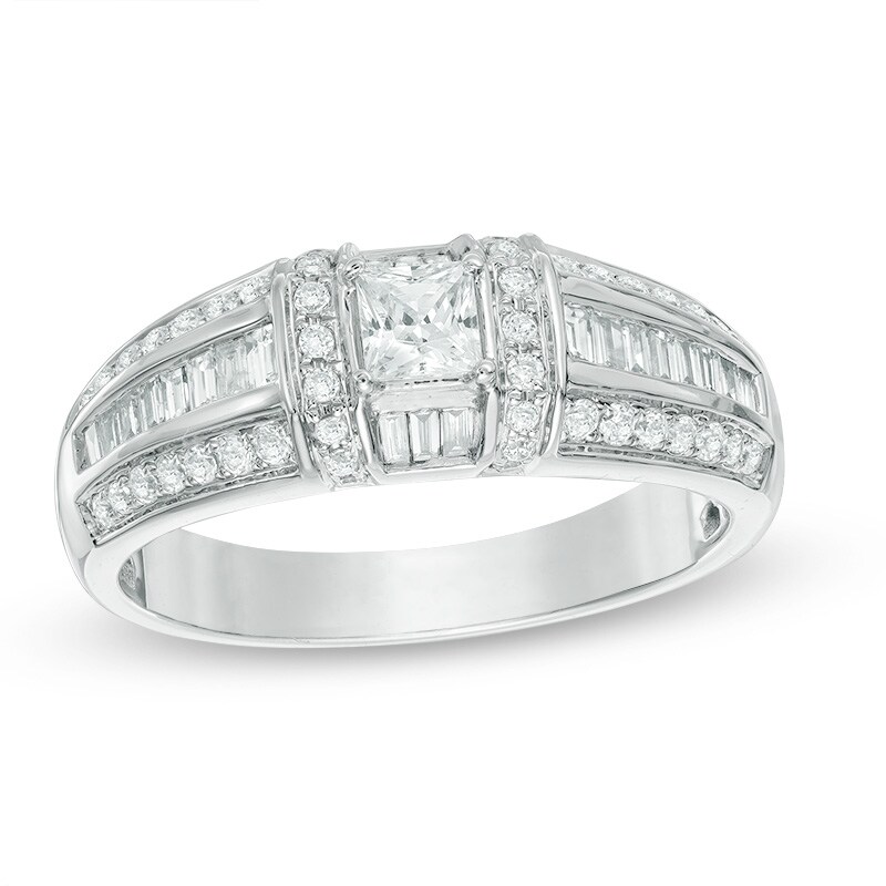 Main Image 1 of 3/4 CT. T.W. Princess-Cut Diamond Collared Engagement Band in 14K White Gold