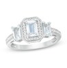 Thumbnail Image 0 of Emerald-Cut Aquamarine and Lab-Created White Sapphire Vintage-Style Three Stone Ring in 10K White Gold