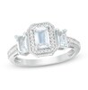 Thumbnail Image 1 of Emerald-Cut Aquamarine and Lab-Created White Sapphire Vintage-Style Three Stone Ring in 10K White Gold