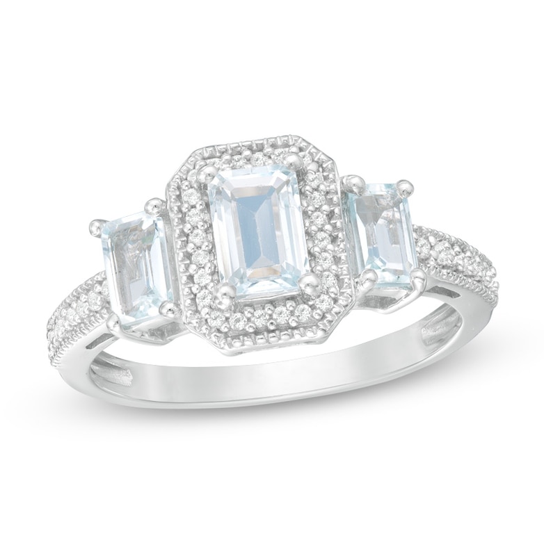 Main Image 1 of Emerald-Cut Aquamarine and Lab-Created White Sapphire Vintage-Style Three Stone Ring in 10K White Gold