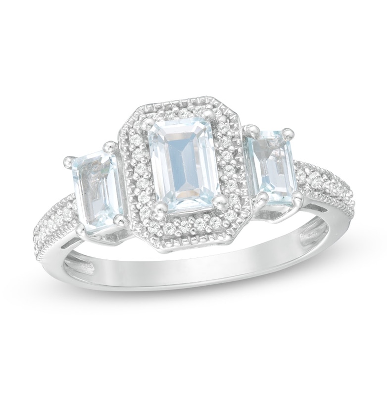 Emerald-Cut Aquamarine and Lab-Created White Sapphire Vintage-Style Three Stone Ring in 10K White Gold