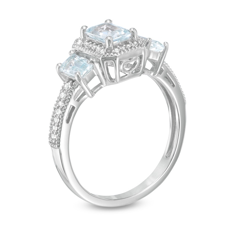 Main Image 2 of Emerald-Cut Aquamarine and Lab-Created White Sapphire Vintage-Style Three Stone Ring in 10K White Gold