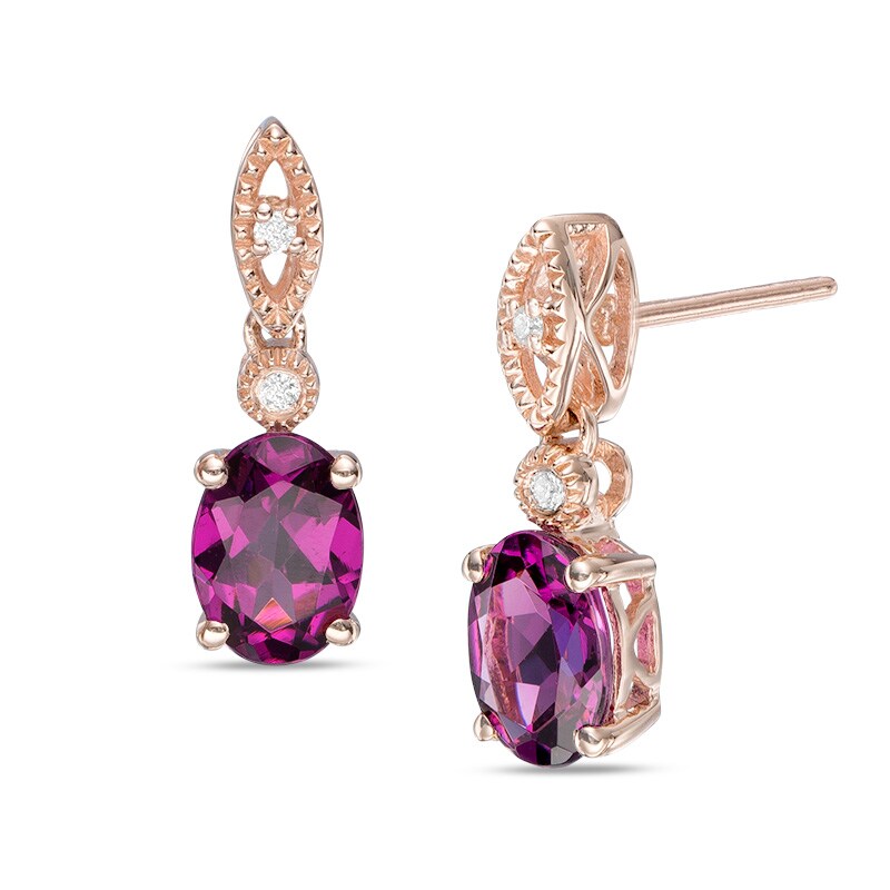 Main Image 1 of Oval Rhodolite Garnet and Diamond Accent Vintage-Style Drop Earrings in 10K Rose Gold