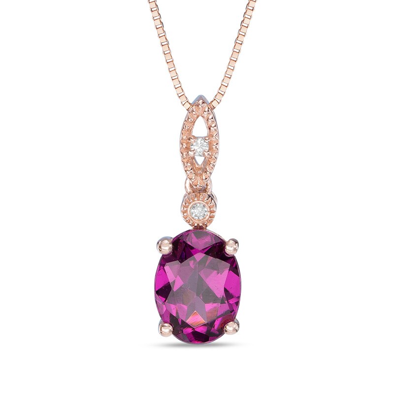 Main Image 1 of Oval Rhodolite Garnet and Diamond Accent Vintage-Style Pendant in 10K Rose Gold