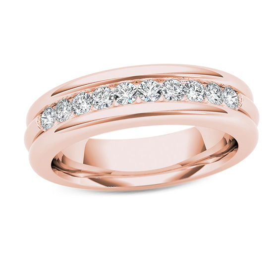 Men's 1/5 CT. T.W. Diamond Groove Wedding Band in 14K Rose ...