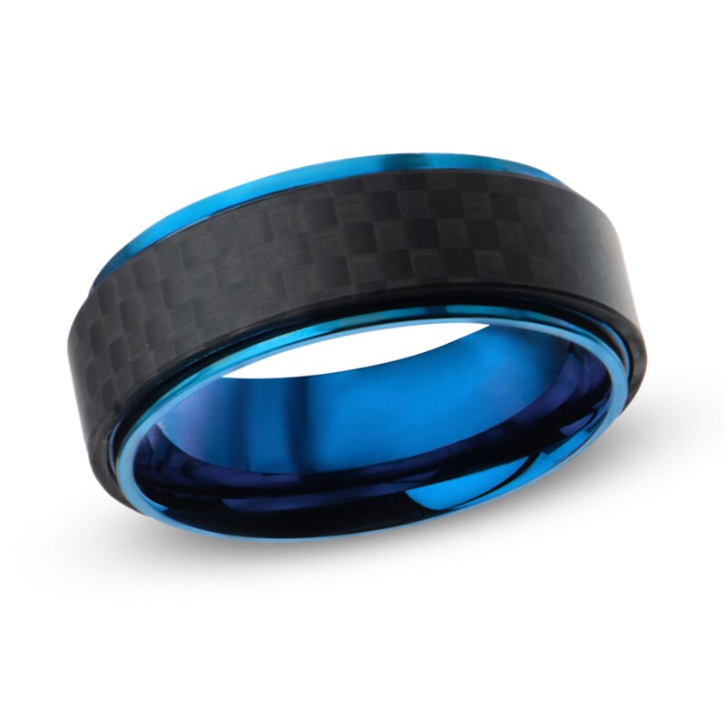 Main Image 1 of Men's 9.0mm Checkered Pattern Band in Blue IP Stainless Steel and Black Carbon Fiber