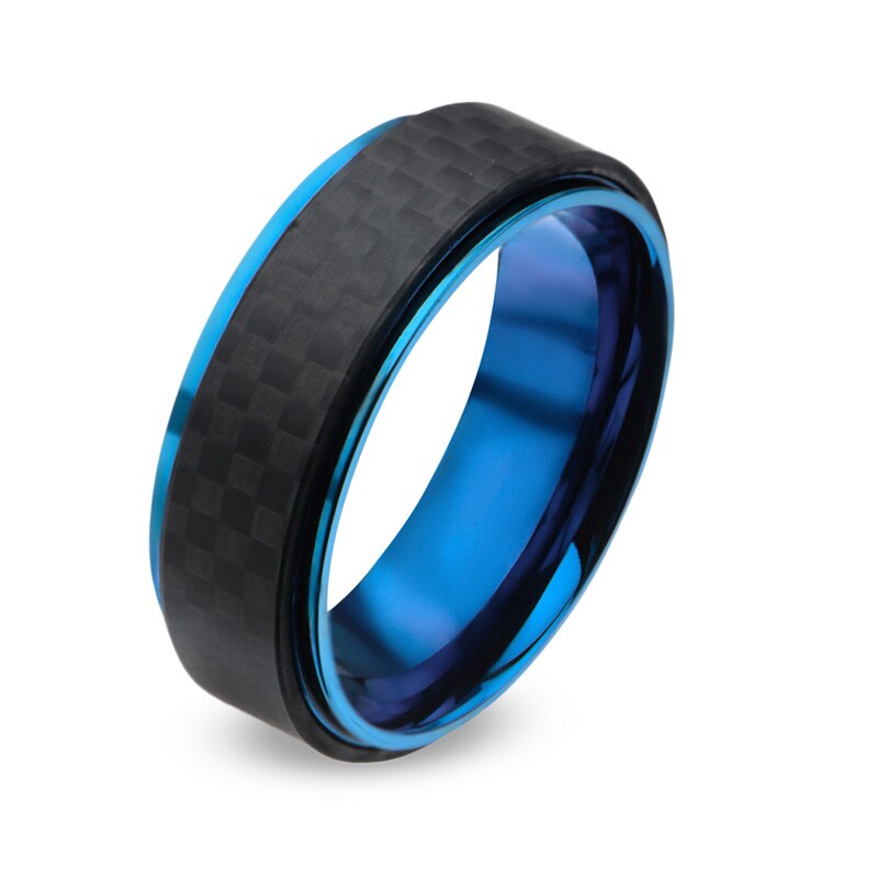 Main Image 2 of Men's 9.0mm Checkered Pattern Band in Blue IP Stainless Steel and Black Carbon Fiber