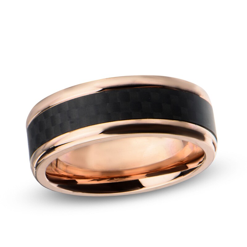 Main Image 1 of Men's 9.0mm Checkered Pattern Band in Rose-Tone IP Stainless Steel and Black Carbon Fiber