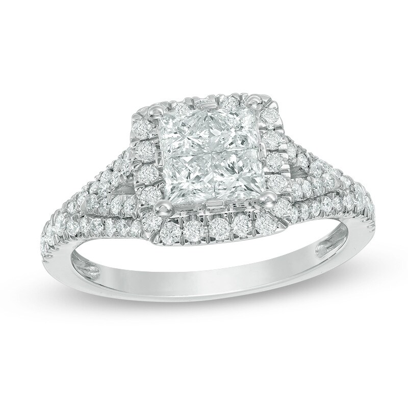 Main Image 1 of 1-1/4 CT. T.W. Princess-Cut Quad Diamond Frame Engagement Ring in 14K White Gold