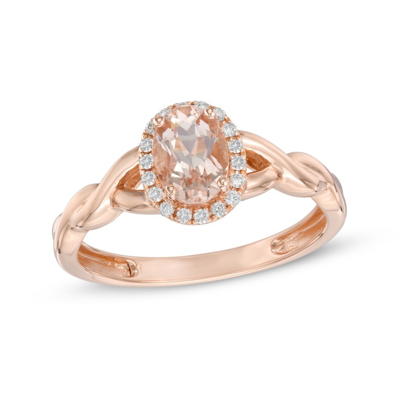 Main Image 1 of Oval Morganite and 1/10 CT. T.W. Diamond Frame Twist Shank Ring in 10K Rose Gold