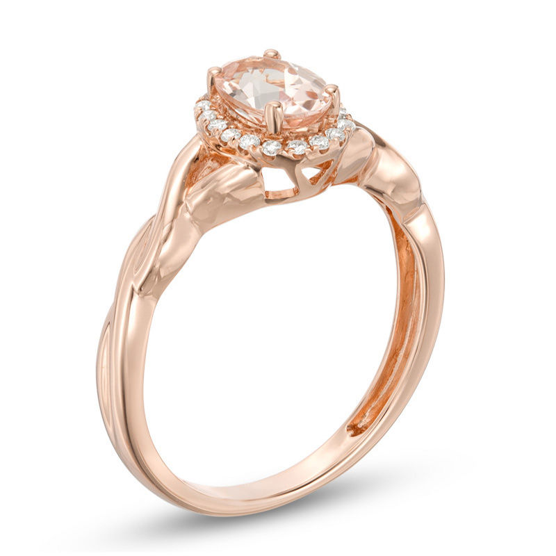 Main Image 2 of Oval Morganite and 1/10 CT. T.W. Diamond Frame Twist Shank Ring in 10K Rose Gold