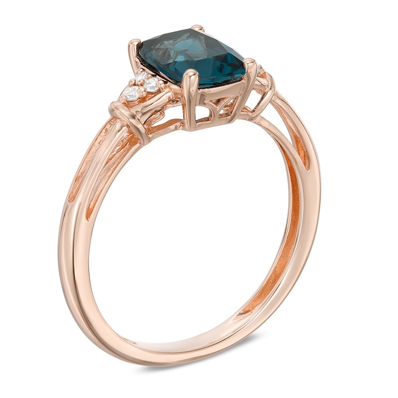 Main Image 2 of Cushion-Cut London Blue Topaz and Diamond Accent Tri-sides Ring in 10K Rose Gold
