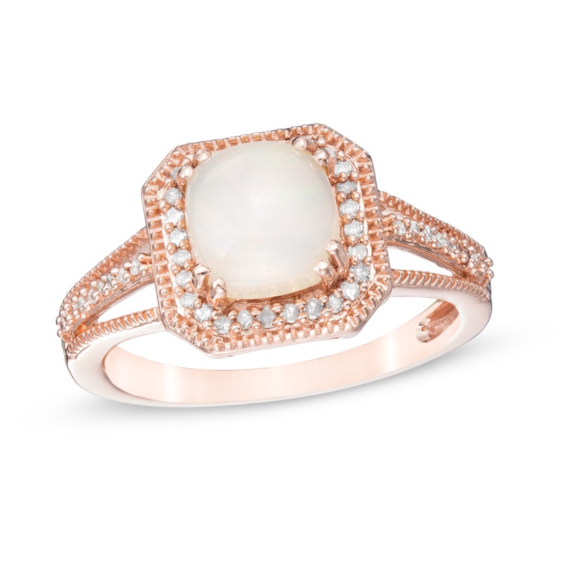 Main Image 1 of 7.0mm Cushion-Cut Opal and 1/6 CT. T.W. Diamond Frame Vintage-Style Ring in 10K Rose Gold