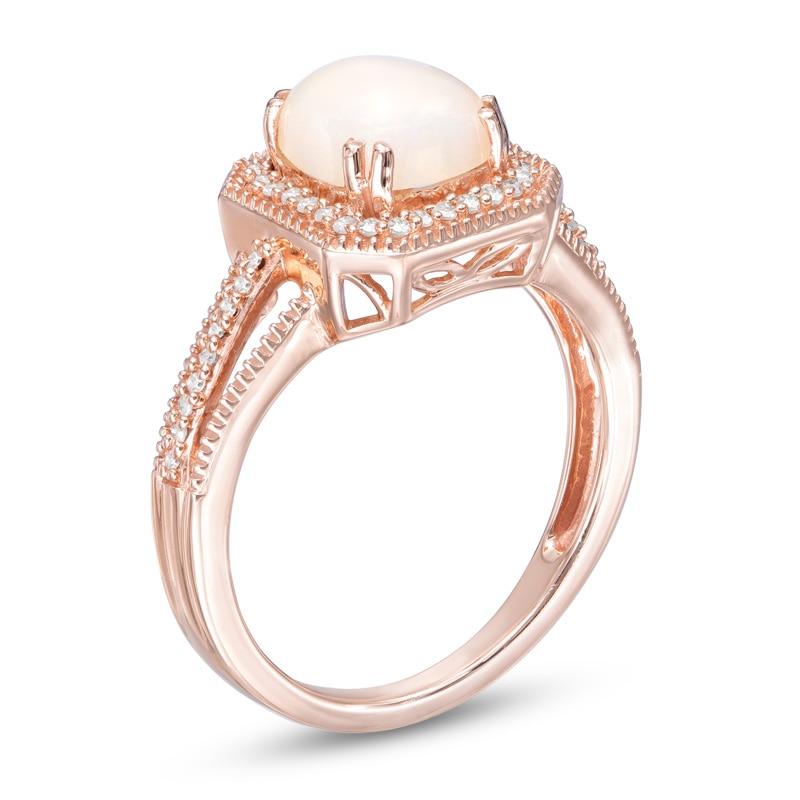 Main Image 2 of 7.0mm Cushion-Cut Opal and 1/6 CT. T.W. Diamond Frame Vintage-Style Ring in 10K Rose Gold