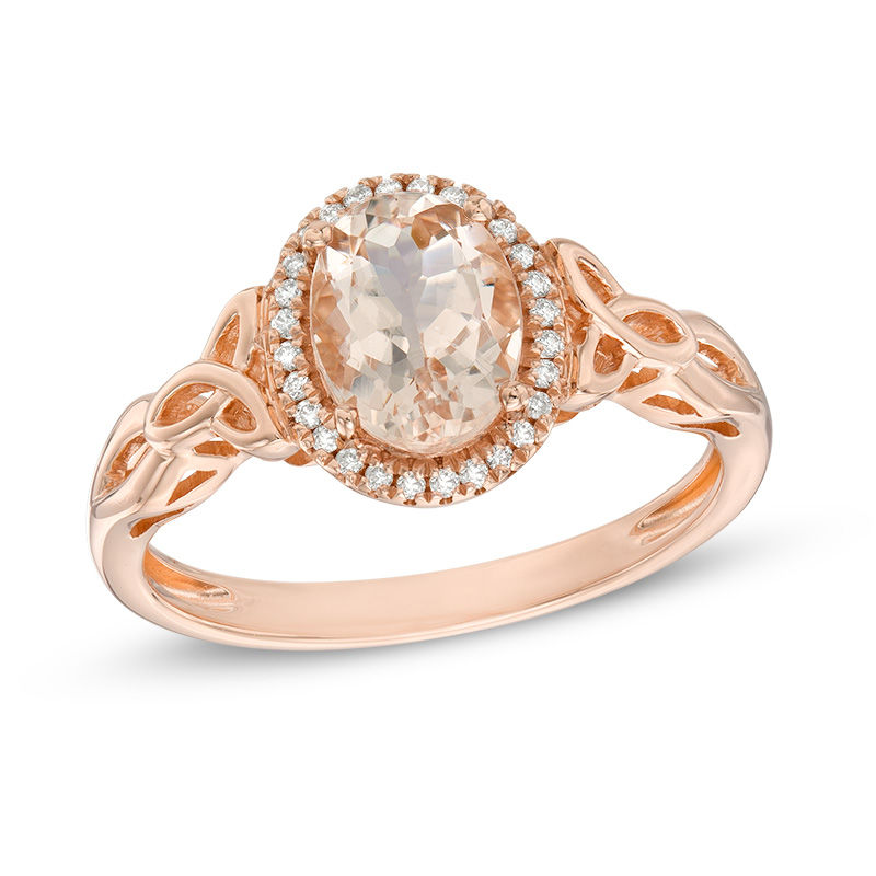 Main Image 1 of Oval Morganite and Diamond Accent Frame Celtic Trinity Knot Ring 10K Rose Gold