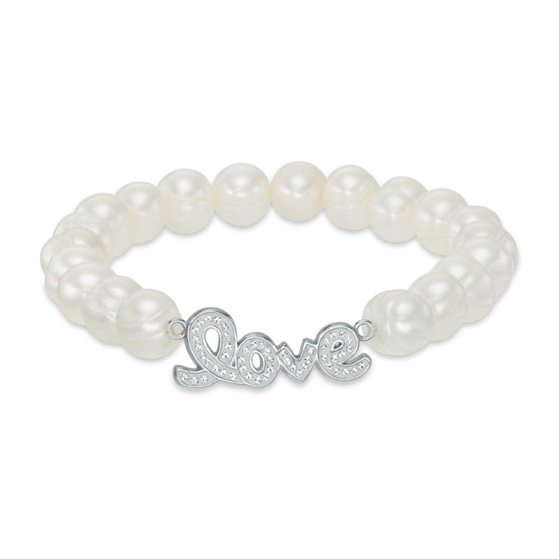 Main Image 1 of 8.0-9.0mm Freshwater Cultured Pearl and Crystal "Love" Stretch Bracelet in Sterling Silver-7.5"