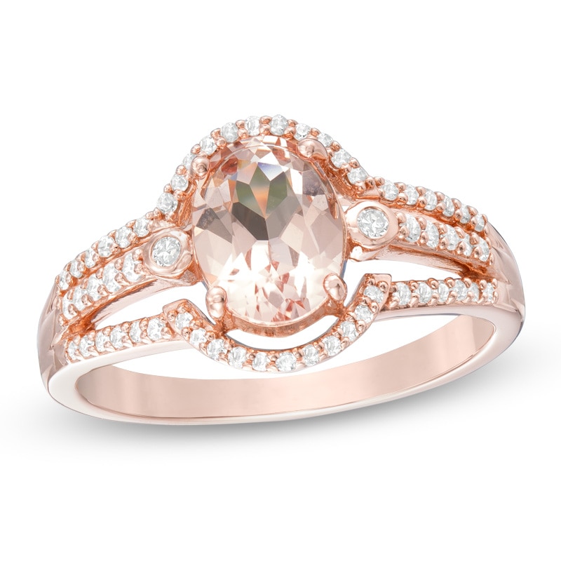 Main Image 1 of Oval Morganite and 1/5 CT. T.W. Diamond Split Shank Ring in 10K Rose Gold