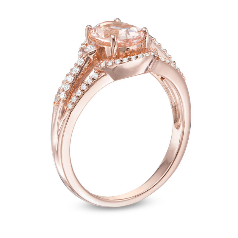 Main Image 2 of Oval Morganite and 1/5 CT. T.W. Diamond Split Shank Ring in 10K Rose Gold
