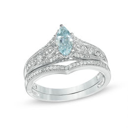 Marquise Aquamarine and 1/5 CT. T.W. Diamond Vintage-Style Bridal Set in 10K White Gold