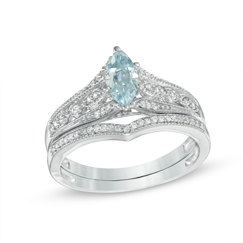 Main Image 1 of Marquise Aquamarine and 1/5 CT. T.W. Diamond Vintage-Style Bridal Set in 10K White Gold