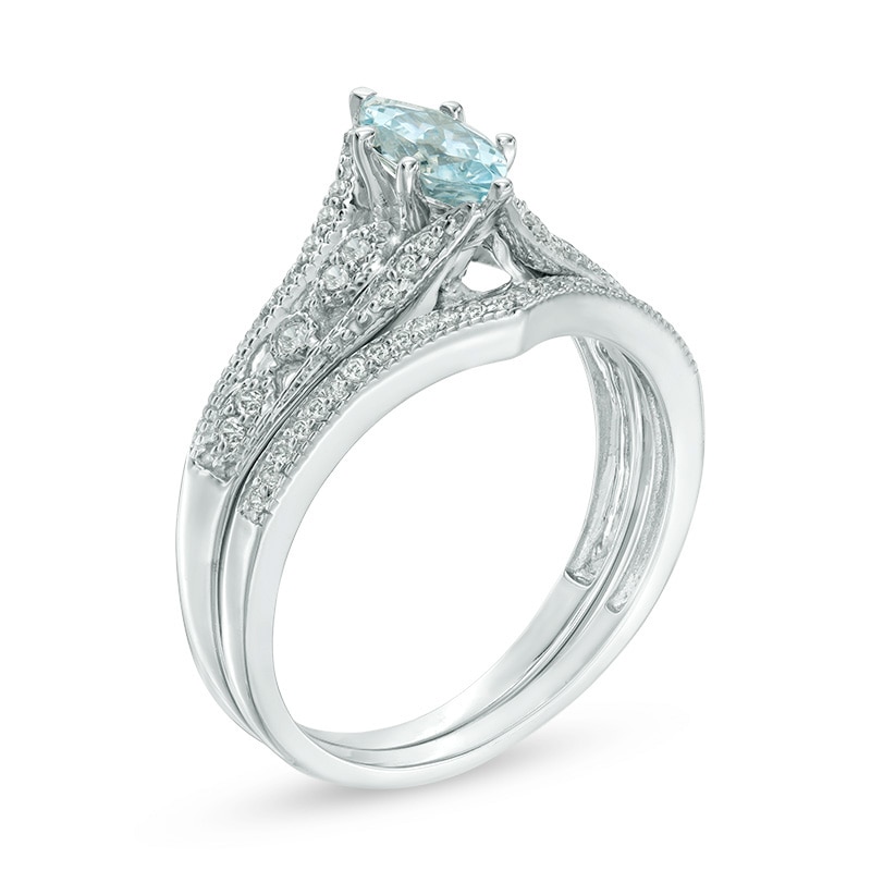 Main Image 2 of Marquise Aquamarine and 1/5 CT. T.W. Diamond Vintage-Style Bridal Set in 10K White Gold