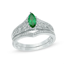Marquise Lab-Created Emerald and 1/5 CT. T.W. Diamond Vintage-Style Bridal Set in 10K White Gold