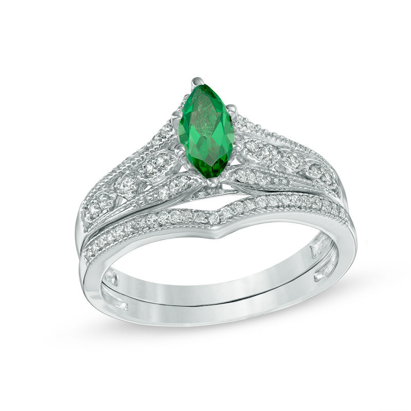 Main Image 1 of Marquise Lab-Created Emerald and 1/5 CT. T.W. Diamond Vintage-Style Bridal Set in 10K White Gold