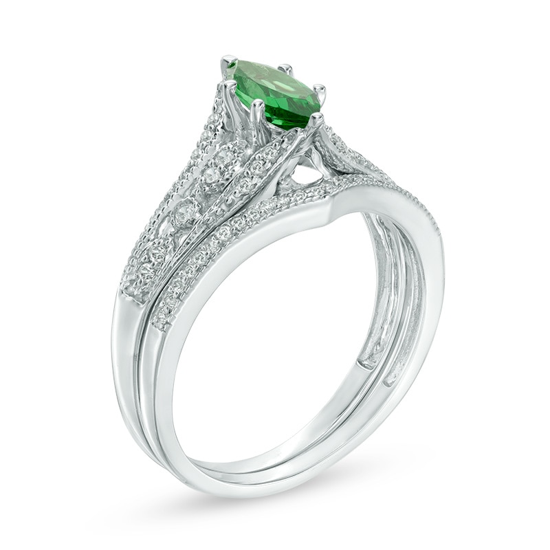Main Image 2 of Marquise Lab-Created Emerald and 1/5 CT. T.W. Diamond Vintage-Style Bridal Set in 10K White Gold
