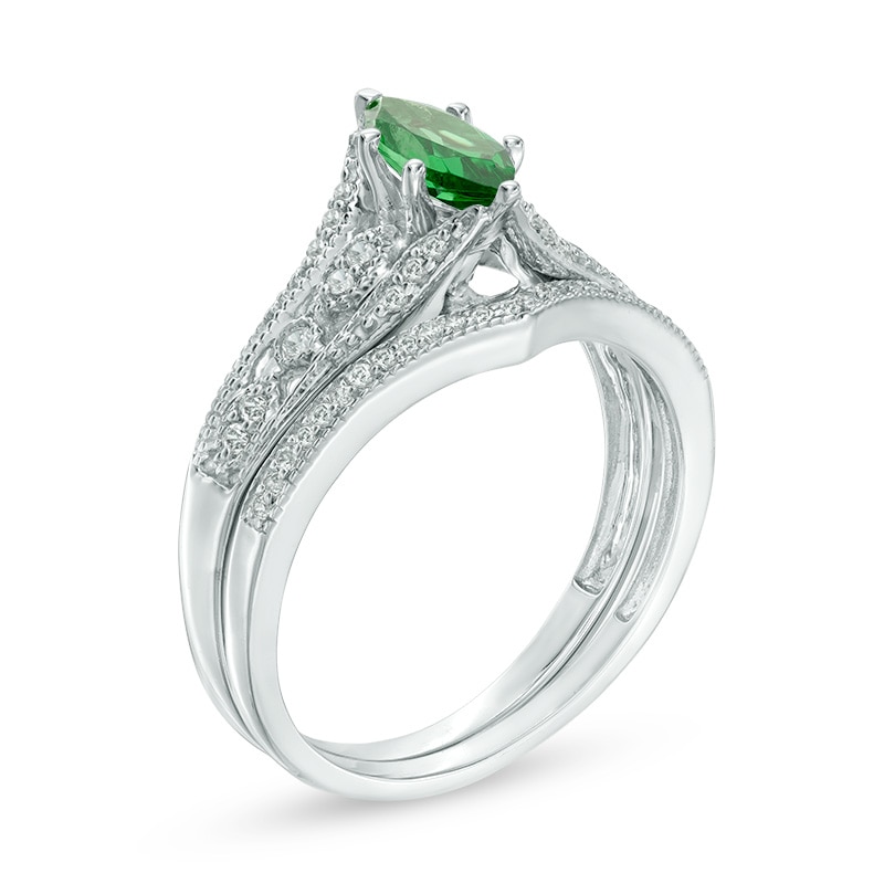 Marquise Lab-Created Emerald and 1/5 CT. T.W. Diamond Vintage-Style Bridal Set in 10K White Gold