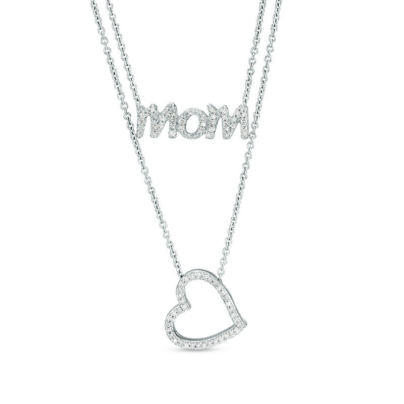 1/5 CT. T.W. Diamond "mom" and Tilted Heart Two-Strand Necklace in Sterling Silver - 17.5"