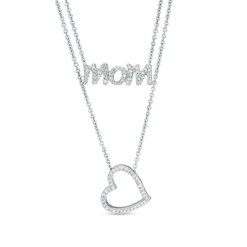 Main Image 1 of 1/5 CT. T.W. Diamond &quot;mom&quot; and Tilted Heart Two-Strand Necklace in Sterling Silver - 17.5&quot;