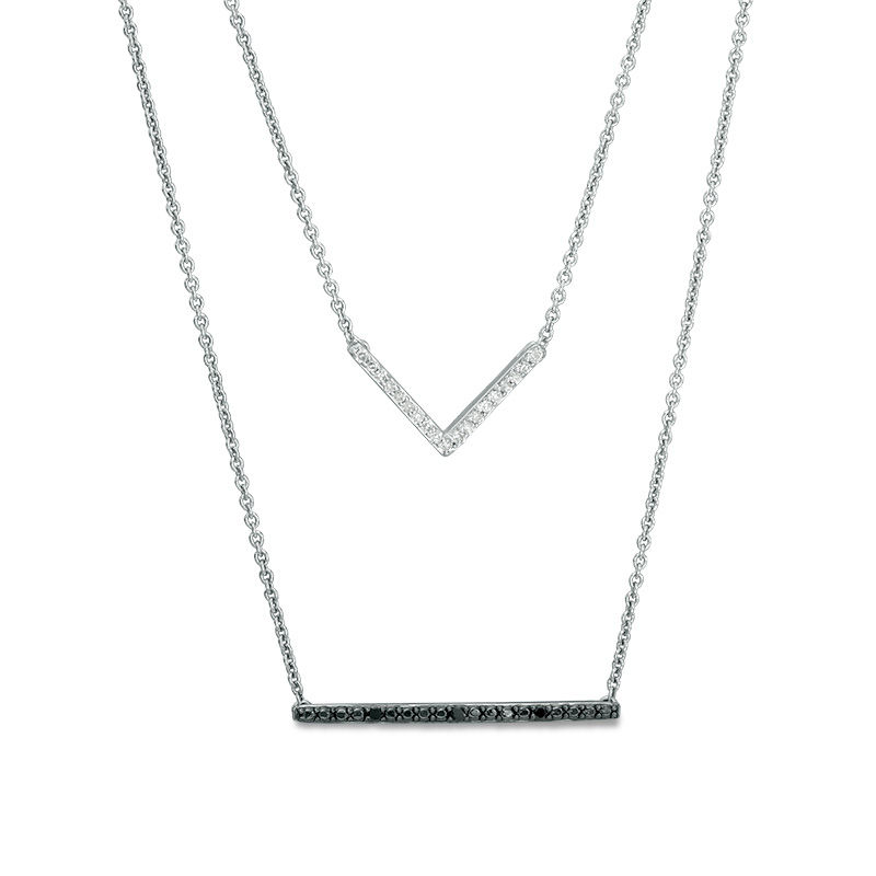 1/10 CT. T.W. Enhanced Black and White Diamond Bar and Chevron Double Strand Necklace in Sterling Silver - 19"